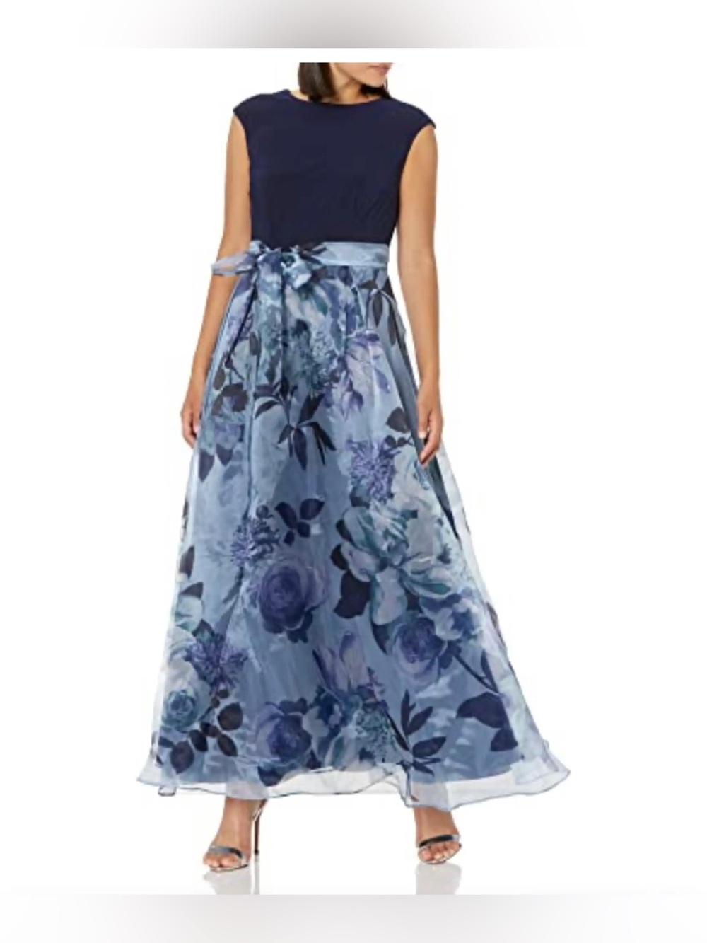 SLNY Floral Organza Maxi Dress Gown 18 Wedding Formal Blue Mother Of Bride Prom